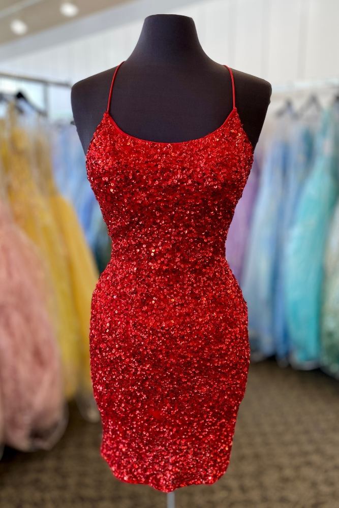 Red Spaghetti Straps Sequin Bodycon Homecoming Dress