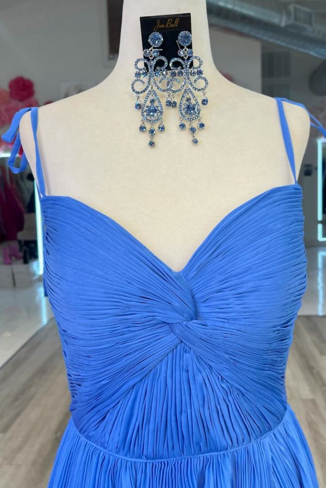 Blue Straps Twist Knot Pleated Prom Dress