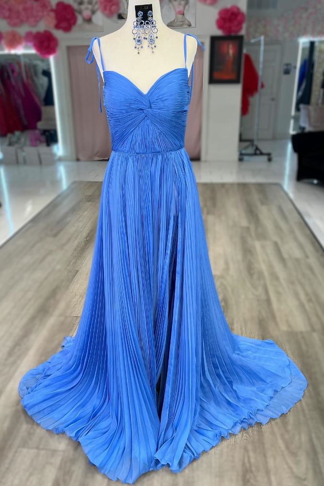 Blue Straps Twist Knot Pleated Prom Dress