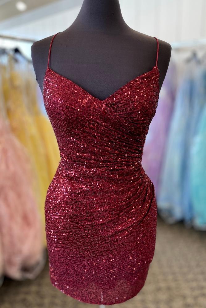 Burgundy Spaghetti Straps Sequin Pleated Homecoming Dress