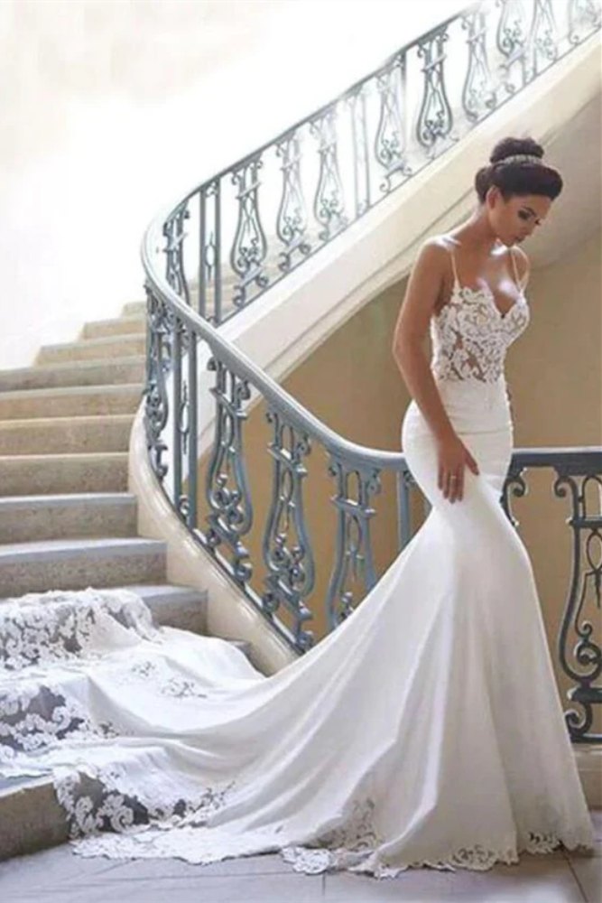 Ivory Spaghetti Straps Satin Long Mermaid Bridal Dress