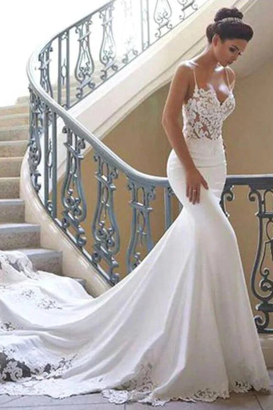 Ivory Spaghetti Straps Satin Long Mermaid Bridal Dress