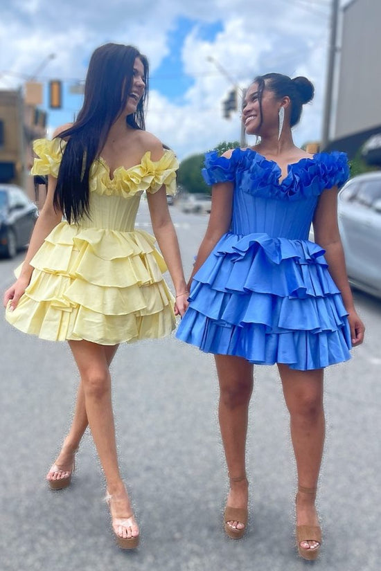 Blue Off the Shoulder A-line Ruffle Homecoming Dress