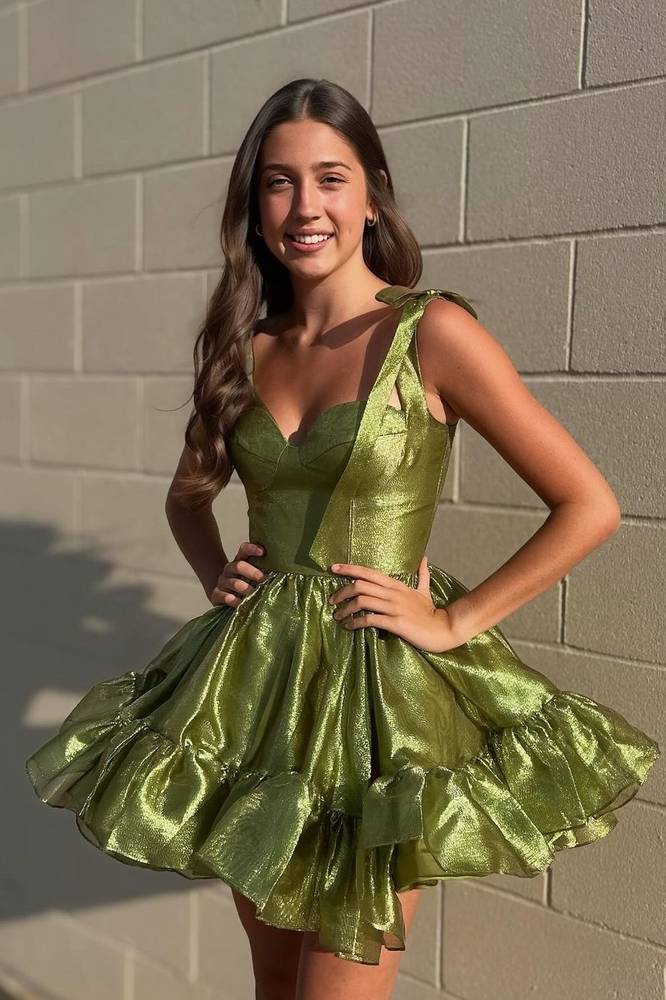 Green A-line Short Homecoming Dress with Bow Tie Straps