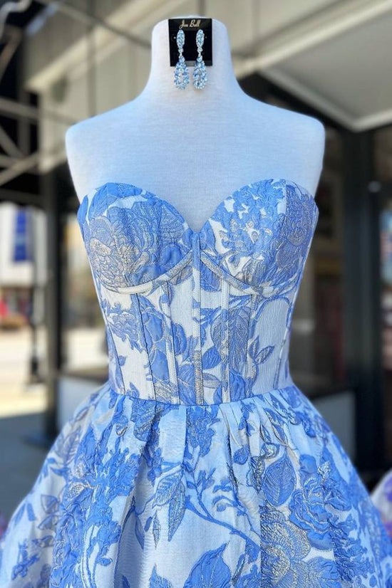 Light Blue Floral Print Strapless Homecoming Dress