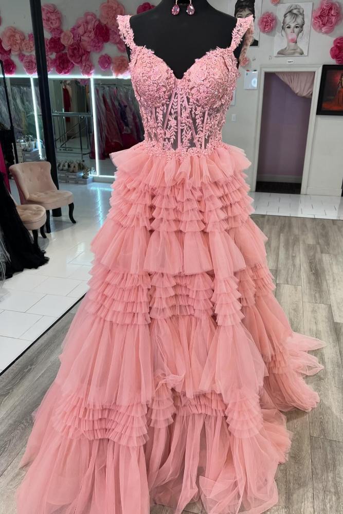 Blush Pink Straps Applique Ruffle Tiered Prom Dress