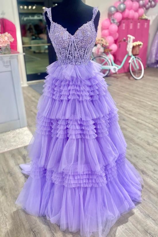 Lavender Straps Applique Ruffle Tiered Prom Dress