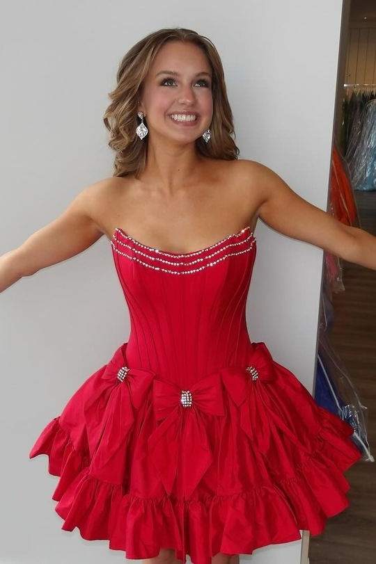 A Line Ruched Strapless Chiffon Ruffled Homecoming Dress With Bow Chic Strapless A-Line Homecoming Dress A Line Ruched Strapless Chiffon Ruffled Homecoming Dress With Bow Chic Strapless A-Line Homecoming Dress