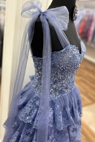 Light Blue Plunging Neck Ruffle Tulle Homecoming Dress