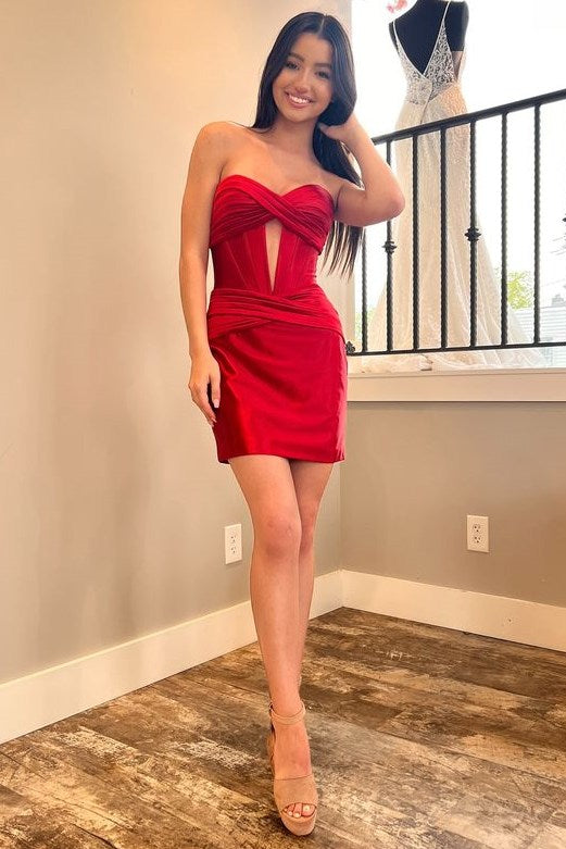 Strapless Red Satin Keyhole Tight Homecoming Dress