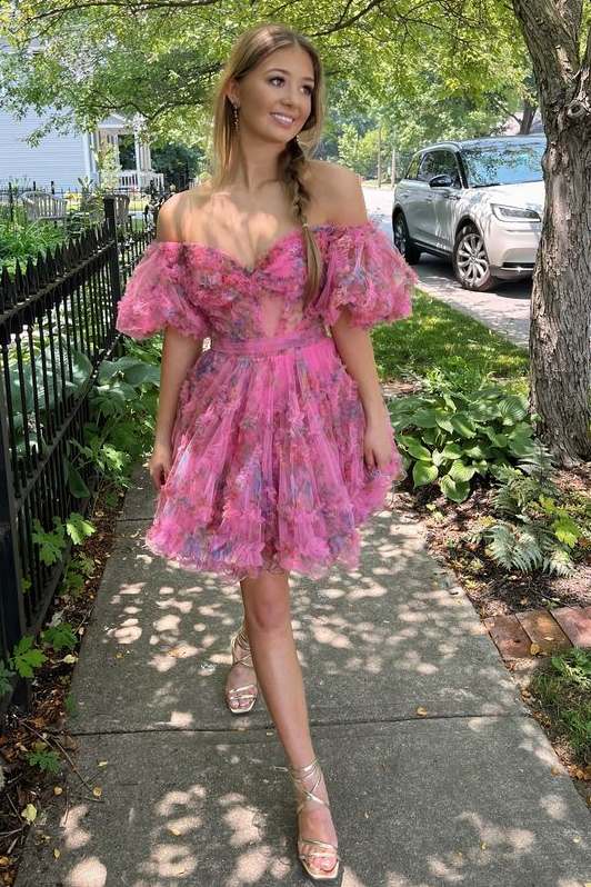 Hot Pink Floral Print Ruffle Homecoming Dress with Bow