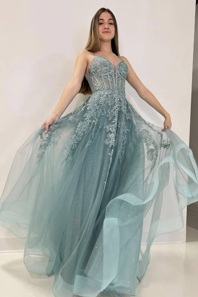 Elegant Tulle A-Line V-NeckLace  Appliques Long Prom Dress