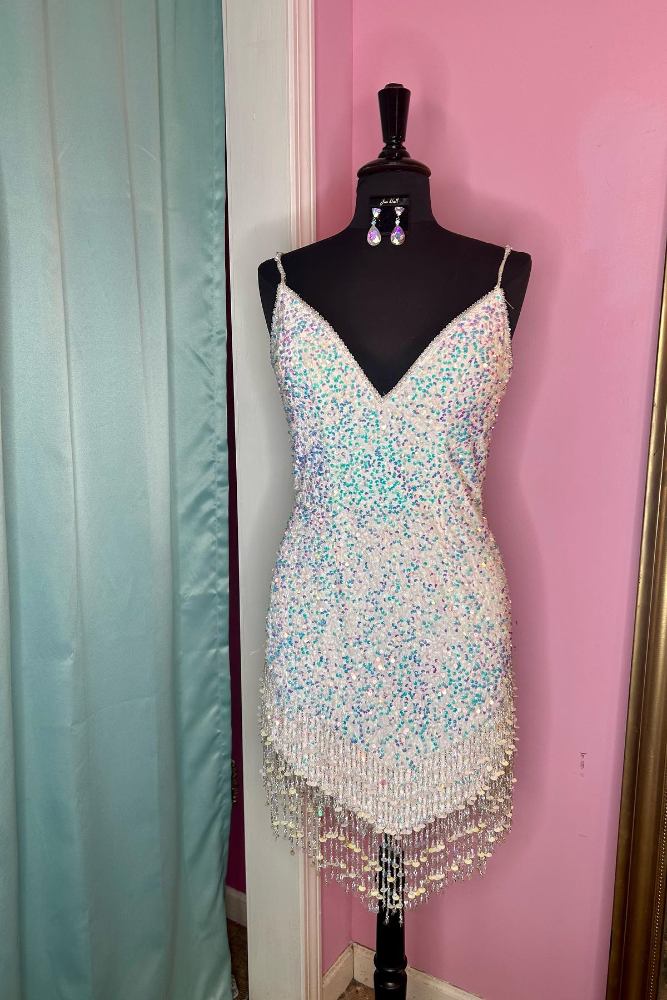 Iridescent White V-neck Sequin Homecoming Dress with Tassel