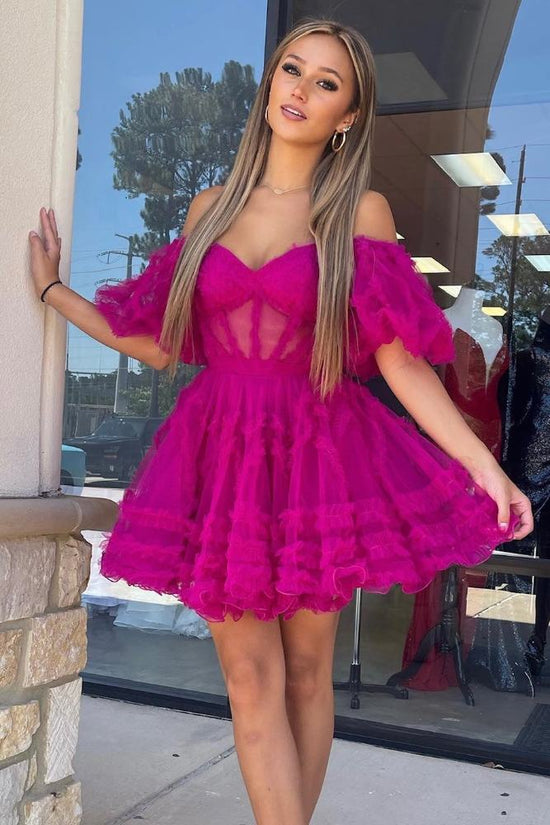 Pink Ruffle A-line Tulle Homecoming Dress with Puff Sleeves