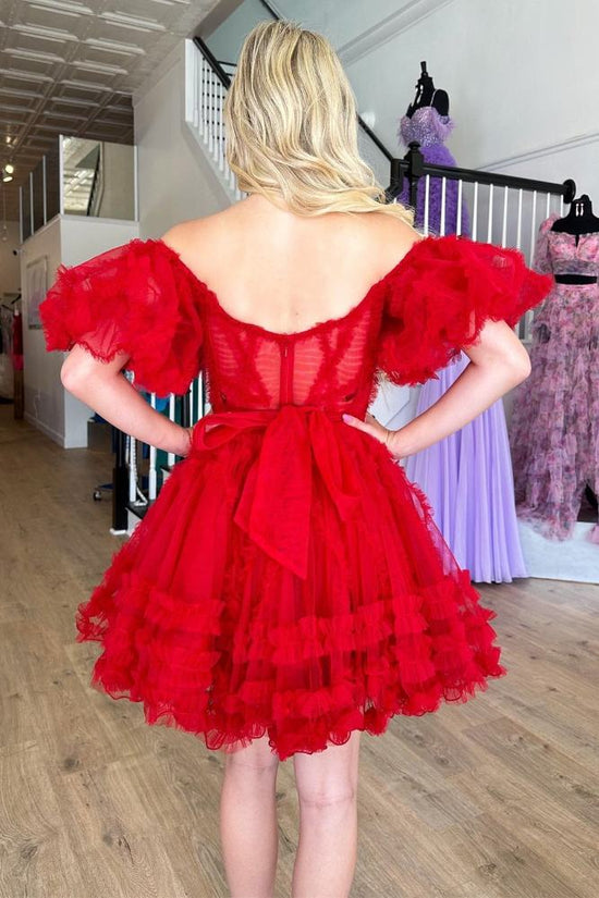 Pink Ruffle A-line Tulle Homecoming Dress with Puff Sleeves