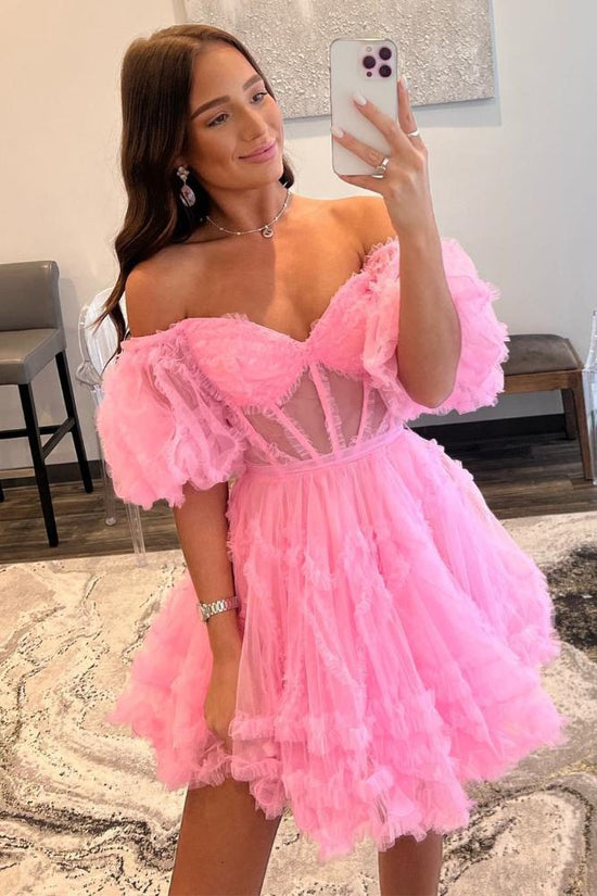 Pink Ruffle A-line Tulle Homecoming Dress with Puff Sleeves