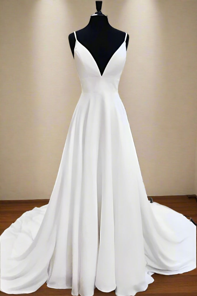 White Spaghetti Straps Satin Long Bridal Dress