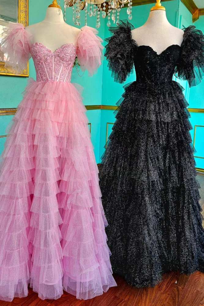 Pink Applique Multi-Layer Tulle Prom Dress with Detachable Sleeves