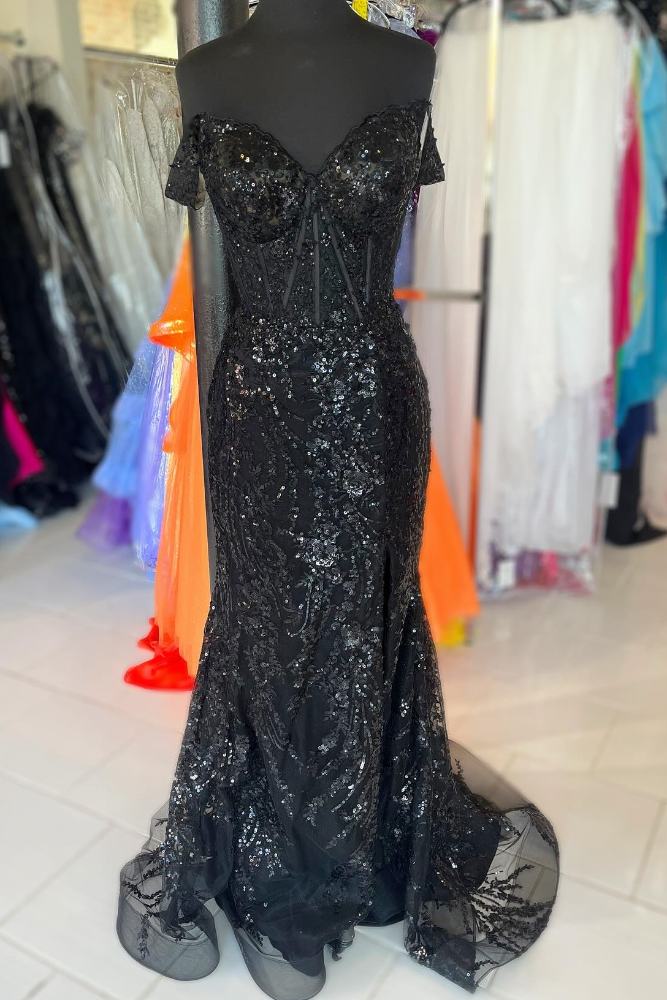 Black Off the Shoulder Applique Sequin Mermaid Prom Dress