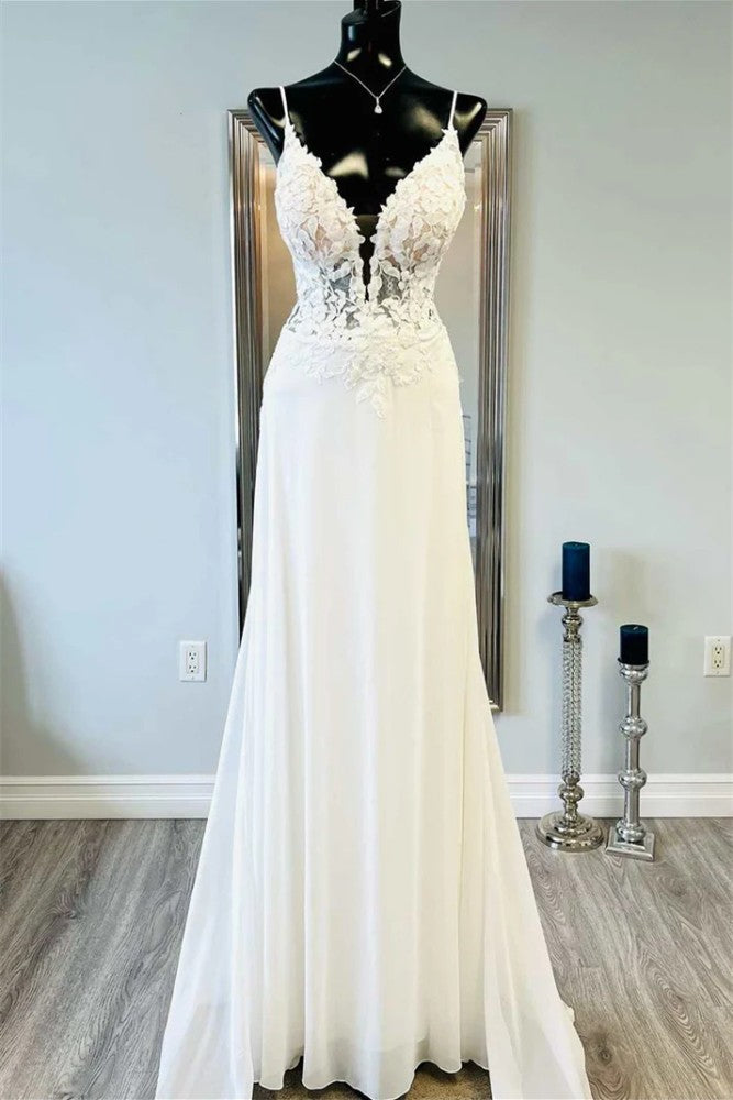 Ivory Spaghetti Straps Applique Chiffon Long Bridal Dress