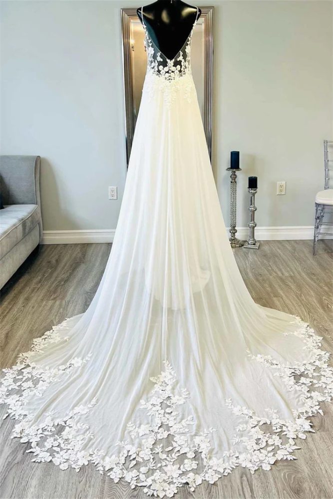 Ivory Spaghetti Straps Applique Chiffon Long Bridal Dress