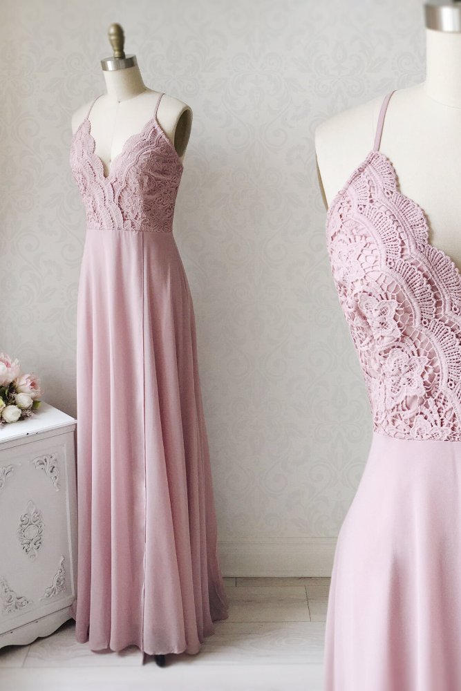 Dusty Pink Straps Lace Bridesmaid Dress