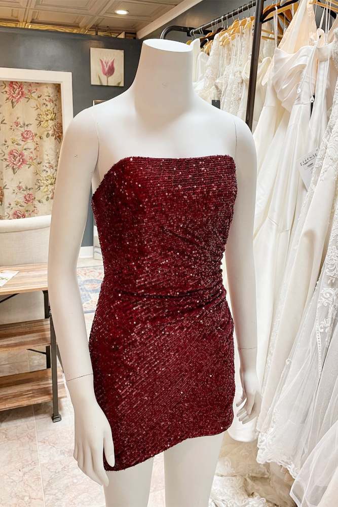 Burgundy Strapless Sequin Tight Homecoming Dress