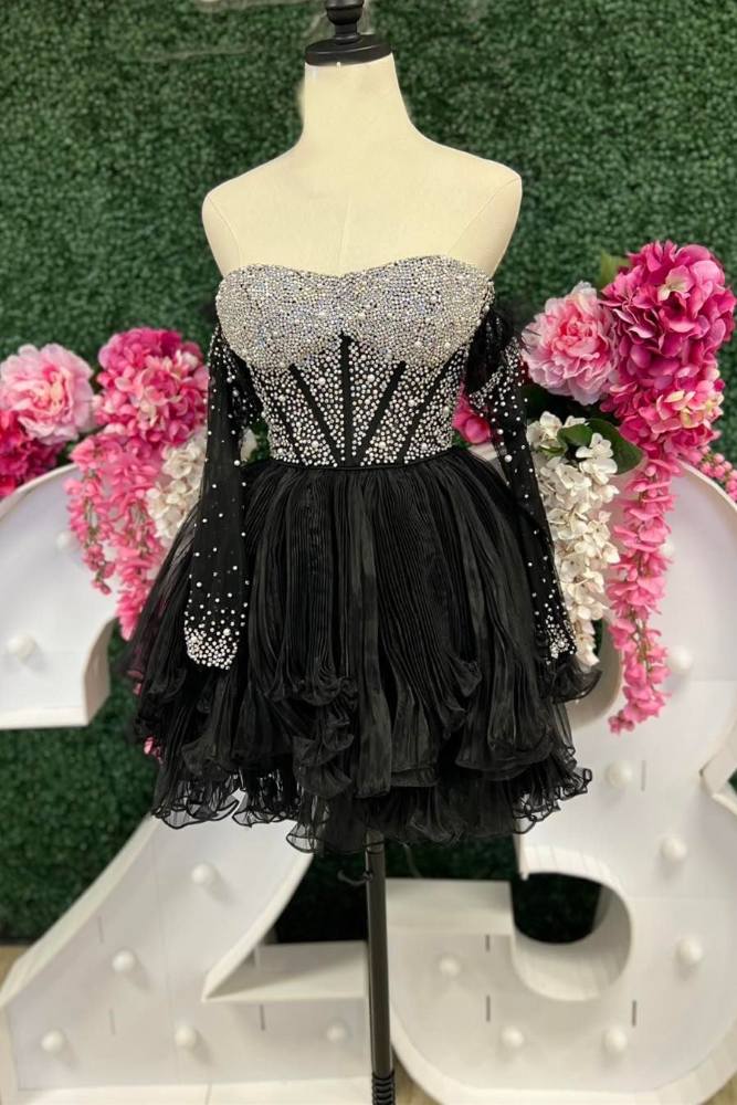 Pink Beaded A-Line Ruffle Homecoming Dress with Long Sleeves – Movousdress