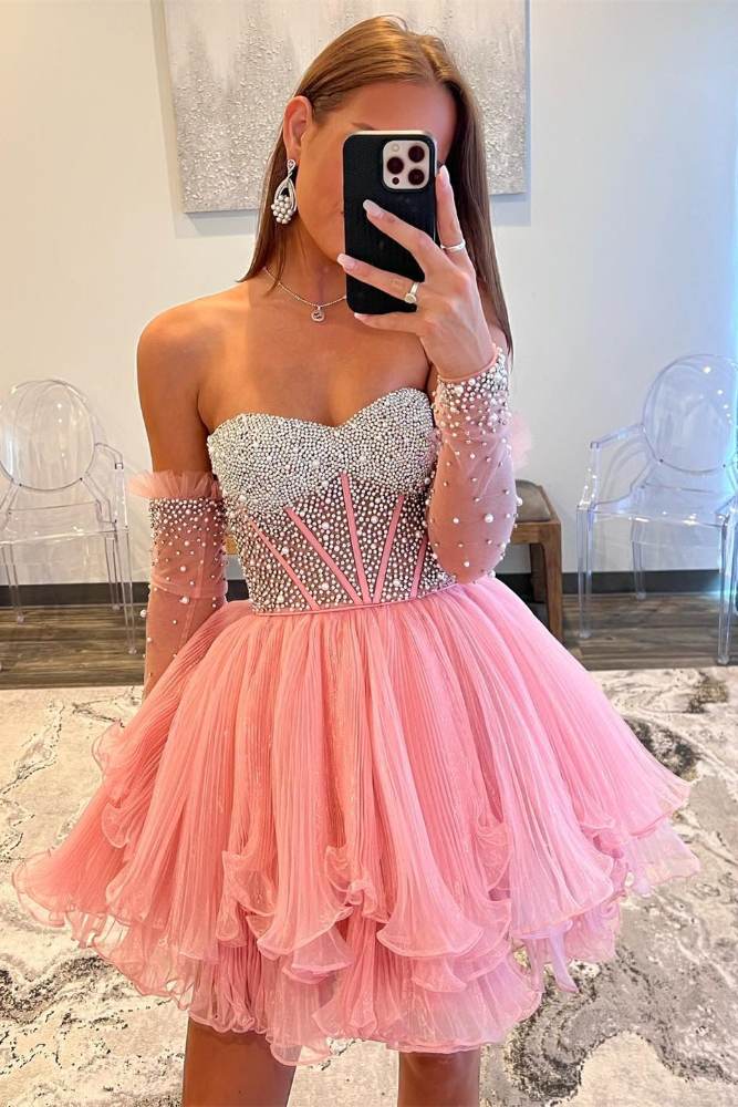 Pink Beaded A-Line Ruffle Homecoming Dress with Long Sleeves