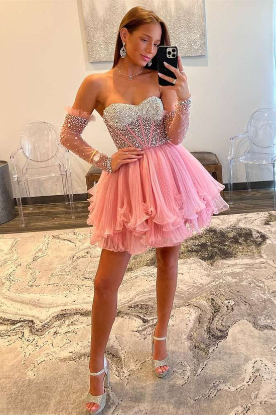 Pink Beaded A-Line Ruffle Homecoming Dress with Long Sleeves