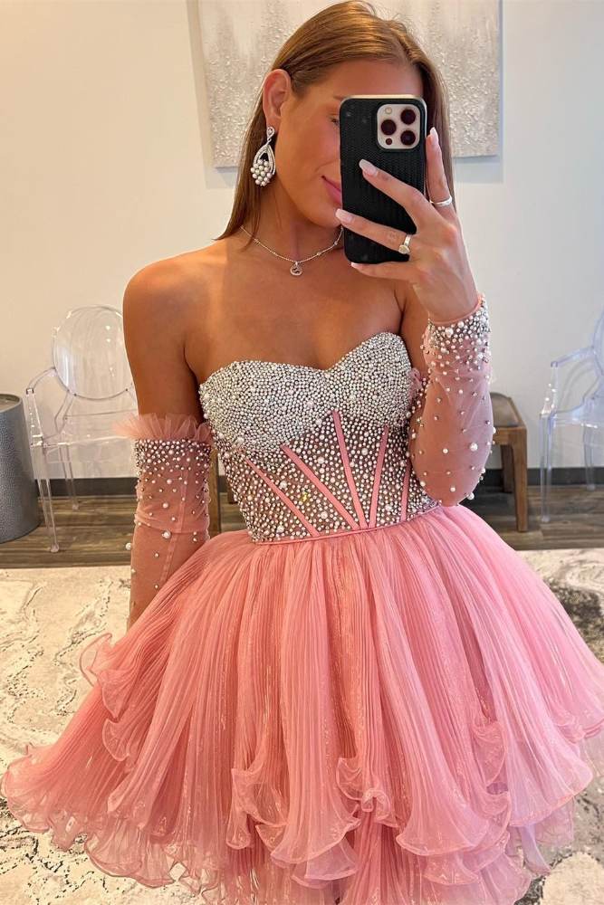 Pink Beaded A-Line Ruffle Homecoming Dress with Long Sleeves