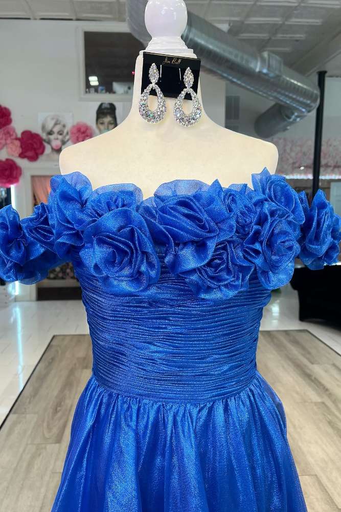 Off the Shoulder Blue 3D Floral A-Line Prom Dress