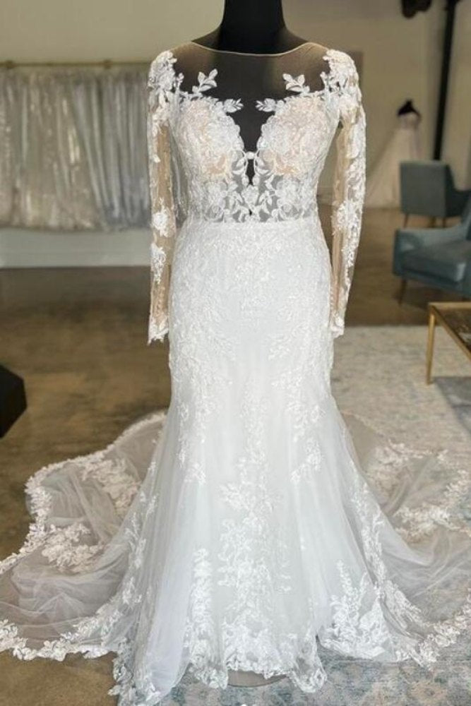 Ivory Illusion Neck Lace Mermaid Wedding Dress with Long Sleeves