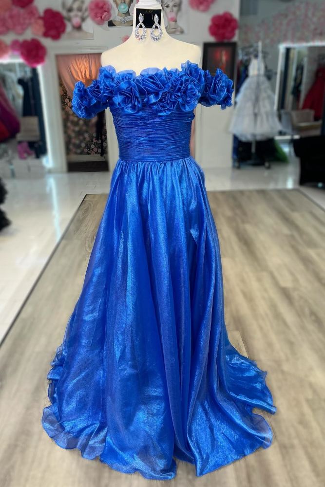 Off the Shoulder Blue 3D Floral A-Line Prom Dress