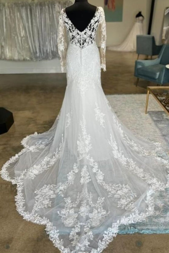 Ivory Illusion Neck Lace Mermaid Wedding Dress with Long Sleeves