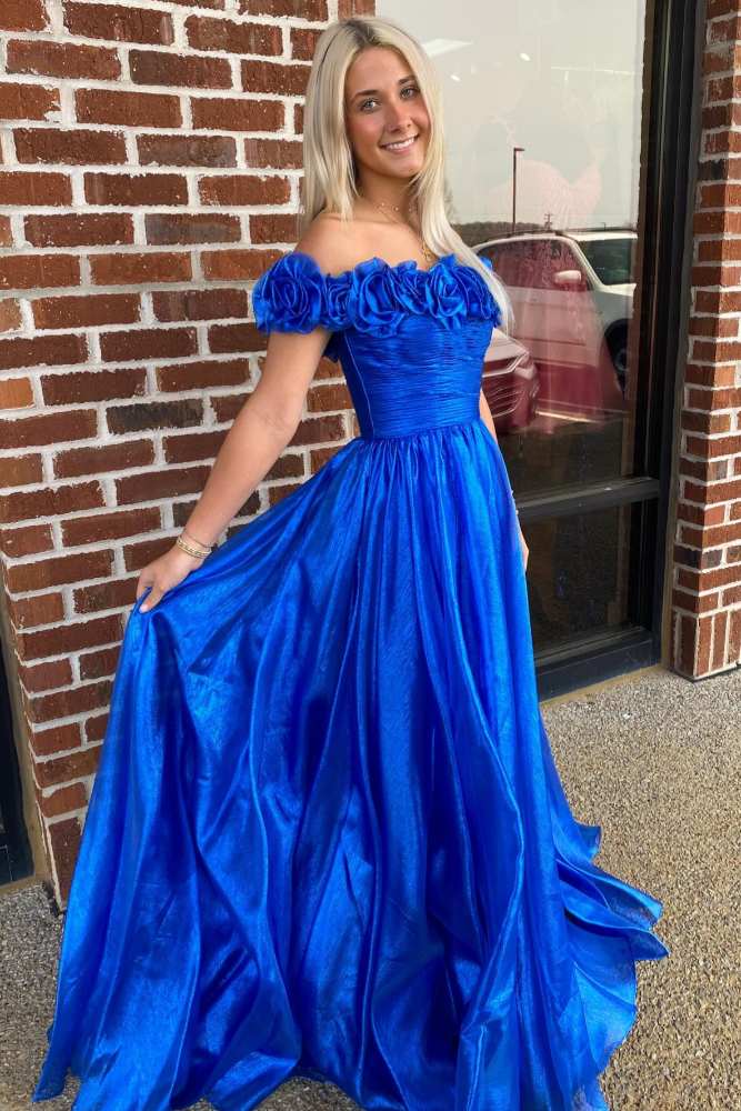 Off the Shoulder Blue 3D Floral A-Line Prom Dress