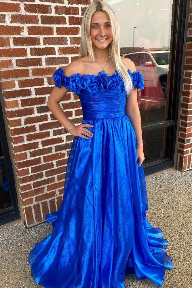 Off the Shoulder Blue 3D Floral A-Line Prom Dress