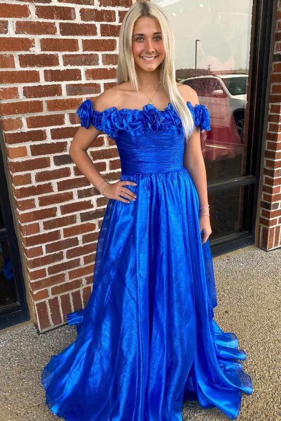 Off the Shoulder Blue 3D Floral A-Line Prom Dress