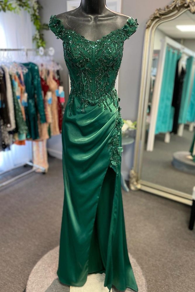 one sleeve emerald green dress Off Shoulder Satin A Line Hunter Green Prom Dress Long Graduation Gown –  Siaoryne main image 1