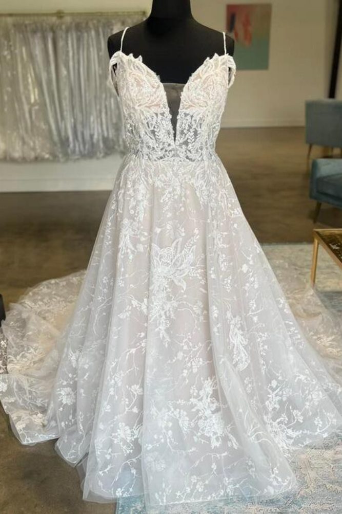 Ivory Off the Shoulder Plunging Neck Lace Bridal Dress