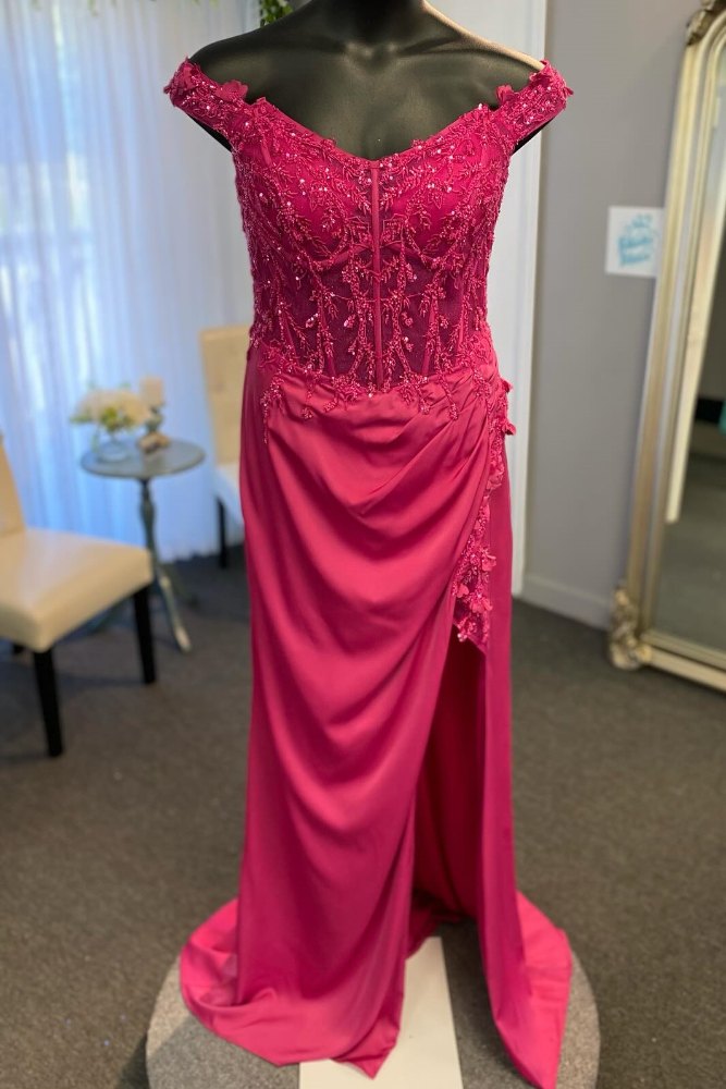 Fuchsia Off the Shoulder Applique Prom Dress with Slit