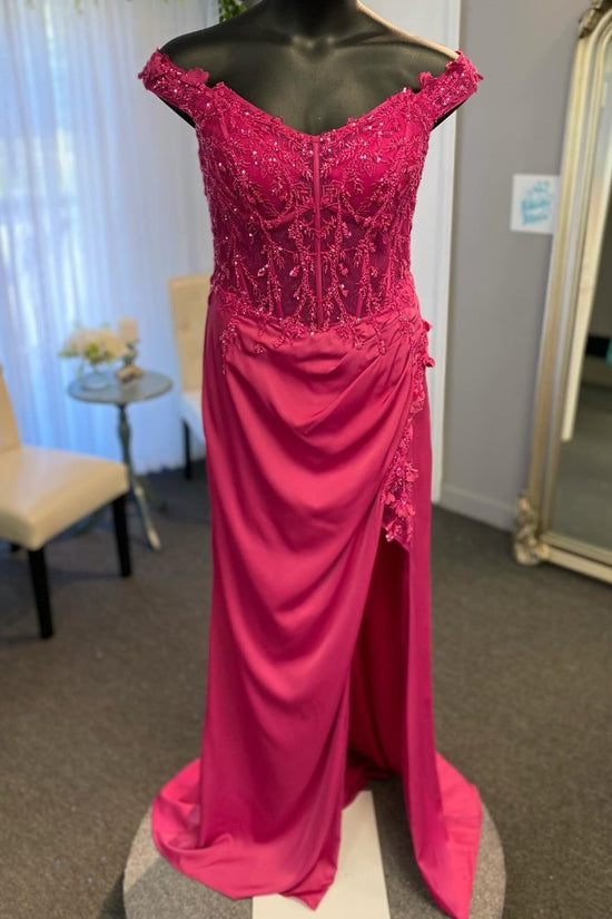 Fuchsia Off the Shoulder Applique Prom Dress with Slit