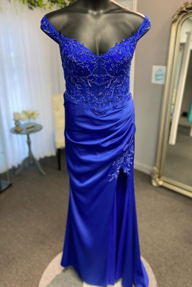 Royal Blue Off the Shoulder Applique Prom Dress with Slit