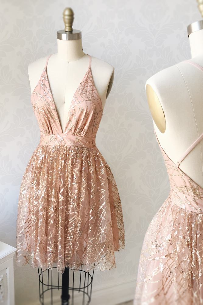 Champagne Plunging Neck A-Line Bridesmaid Dress