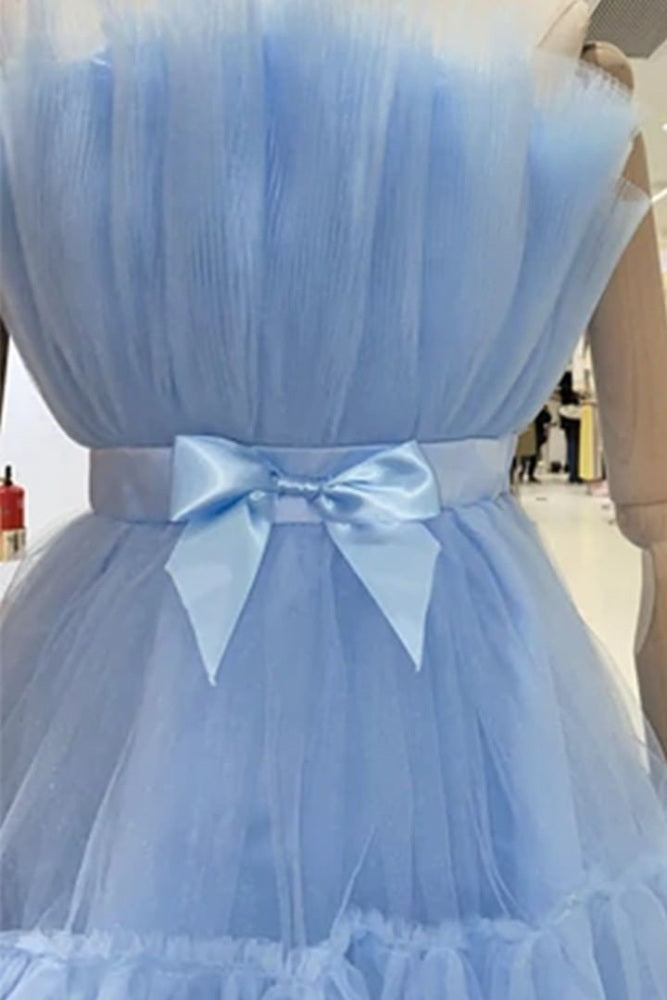 Light Blue Tiered A-line Homecoming Dress with Bow