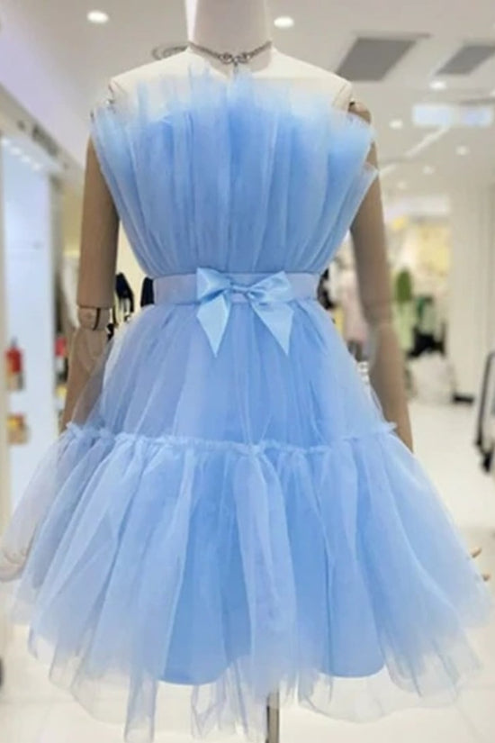 Light Blue Tiered A-line Homecoming Dress with Bow