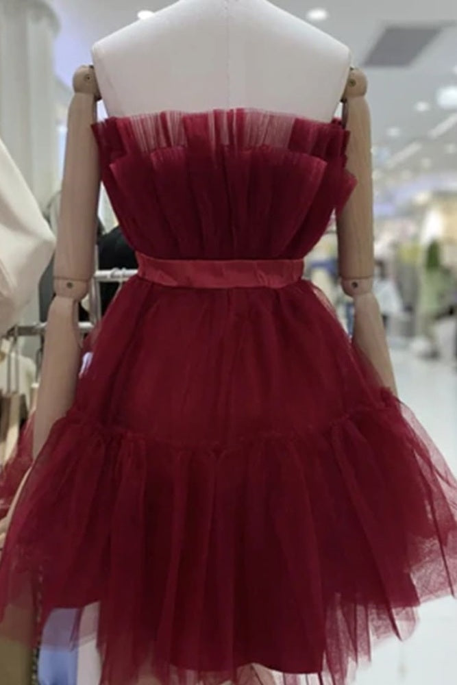 Burgundy Tiered A-line Homecoming Dress with Bow