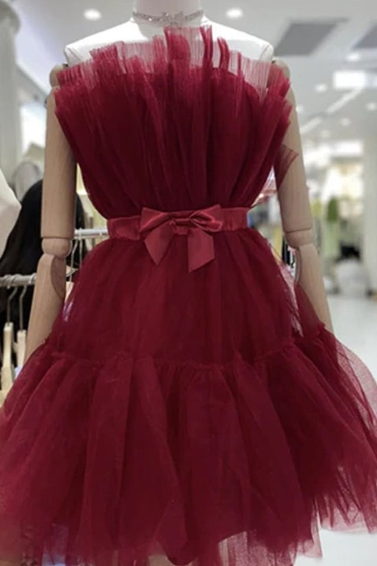 Burgundy Tiered A-line Homecoming Dress with Bow