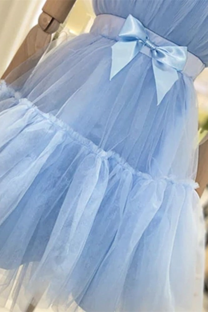 Light Blue Tiered A-line Homecoming Dress with Bow