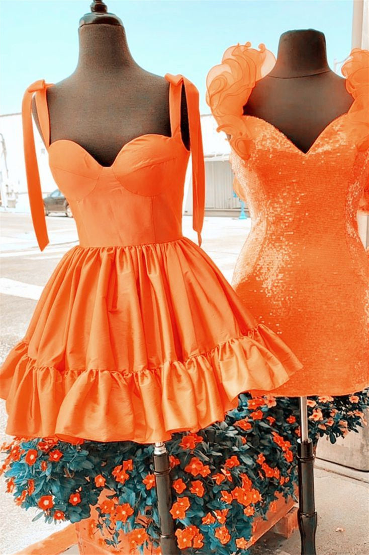 A-line Orange Bow Tie Straps Satin Ruffled Homecoming Dress